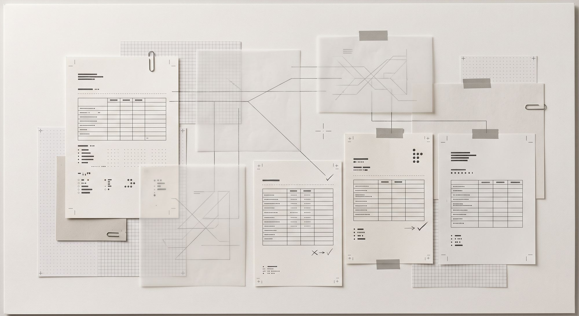 Sheets of paper laid out on a board: tables of figures, grid paper, a translucent overlay with a branching diagram, and small marks where entries were compared.